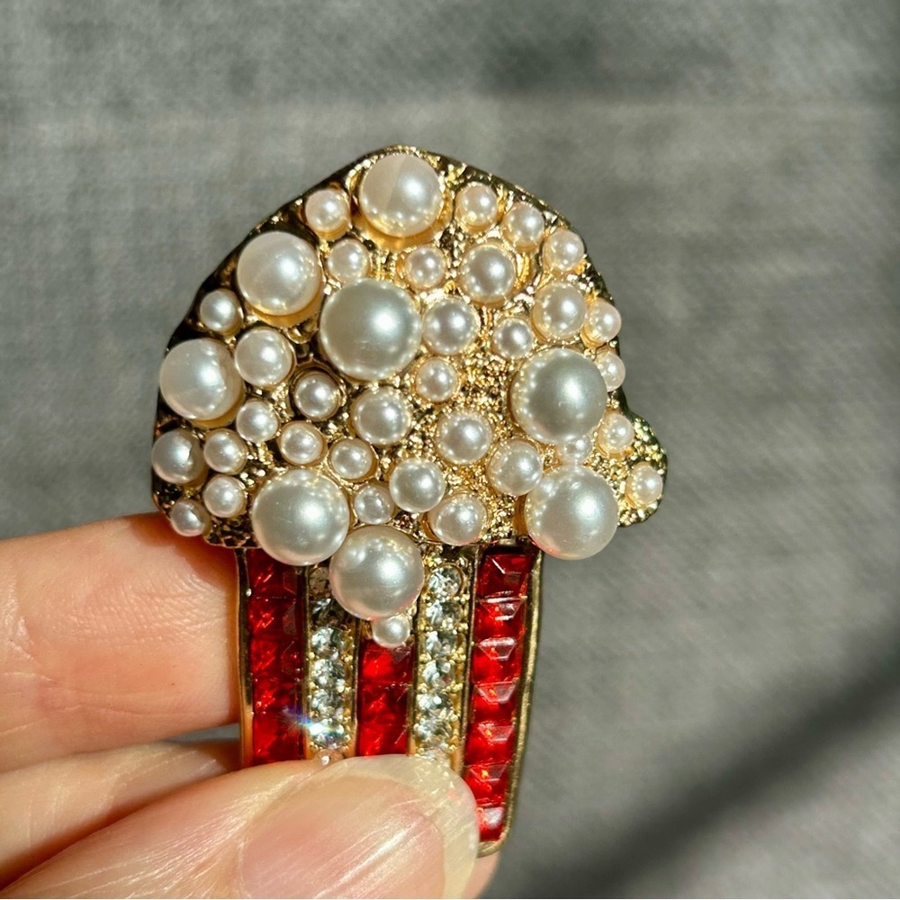 Red White Gold Rhinestone Popcorn Bucket Fashion Brooch Pin - Picture 6 of 17